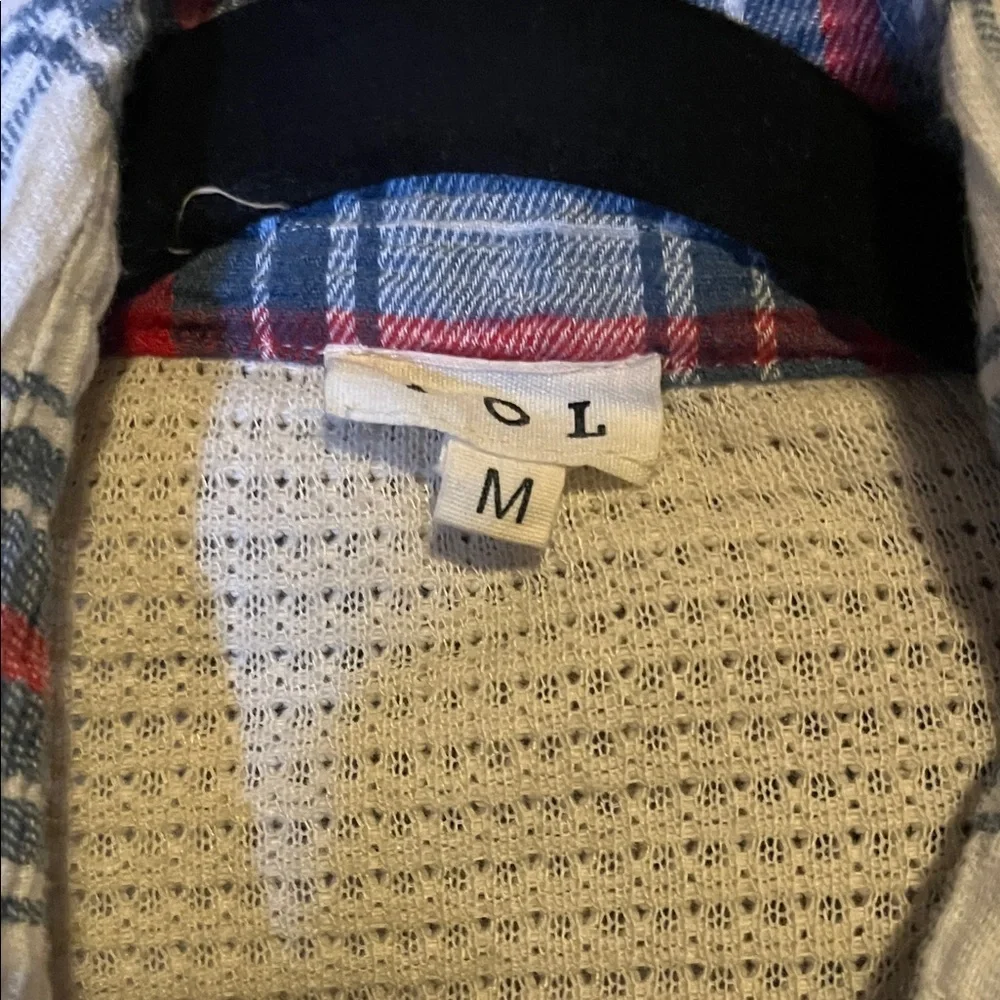 POL M Plaid Knit Cardigan with Peace Sign